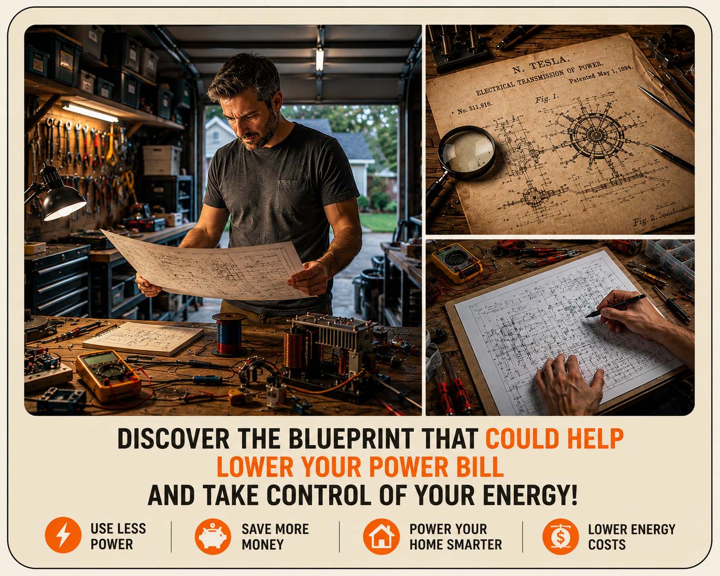 DIY home energy blueprint with electrical diagrams and workshop project.